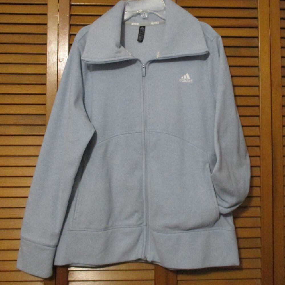 Adidas jacket full zip up light blue fleece with pockets and stretch size L